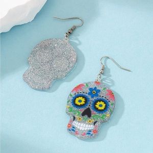🛍️2/$20 ☠️Day of the Dead Large Skull Glitter Earrings, New